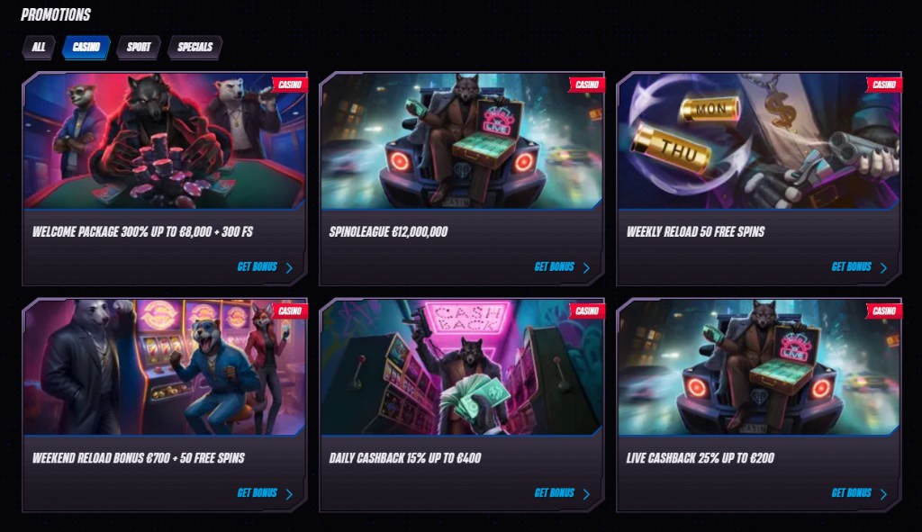 Win Rolla Promotions im Casino-Filter mit Willkommenspaket, Spinoleague, Reloads und Cashback