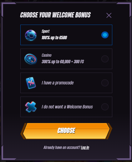 Win Rolla Dialog Choose your welcome bonus mit Sport 100 Prozent bis 500 Euro und Casino 300 Prozent bis 8000 Euro plus 300 Freispiele