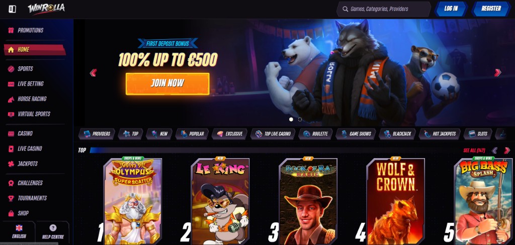 Win Rolla Startseite: Menü, Suche, Log-in und Register, Hero mit 100 Prozent bis 500 Euro